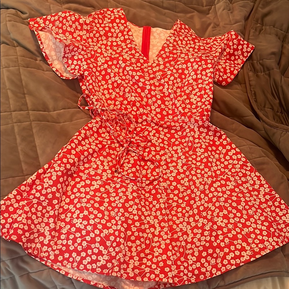 Red floral mini dress.
